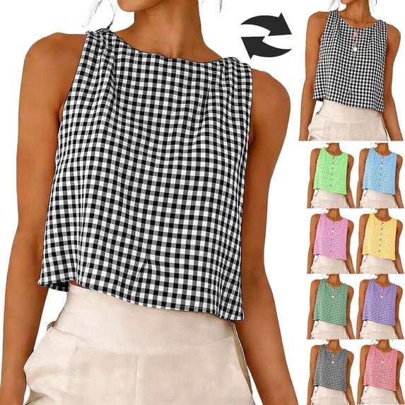 Otntypg Womens Gingham Top Summer CropTank Tops Button Back Casual Soft Cotton Linen Sleeveless Cami Shirts Blouses Resort Wear 2026 Pink XL