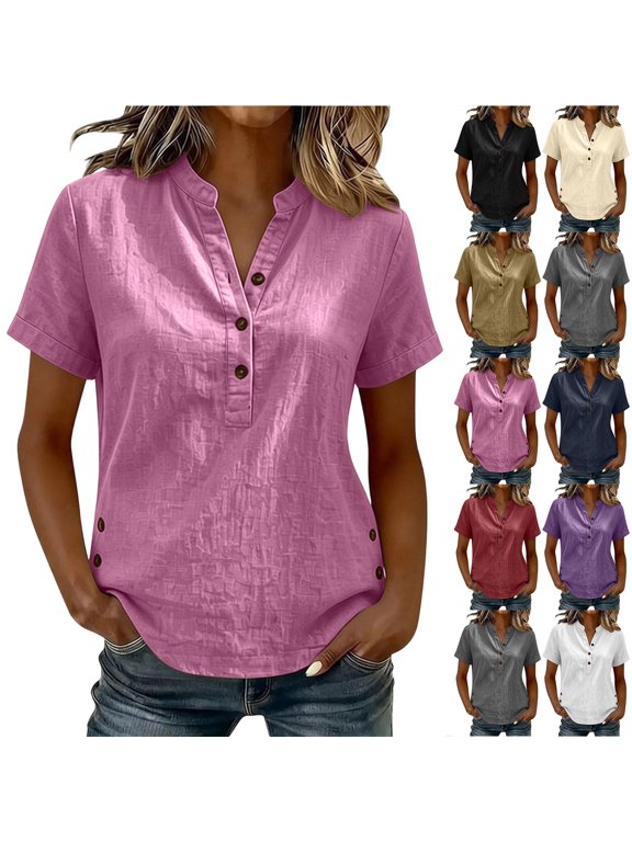 Womens Half Button V Neck Henley Shirts Loose Fit Casual Summer Short Sleeve Solid Color Tunic Tops Trendy Side Buttons Split Slit Blouses