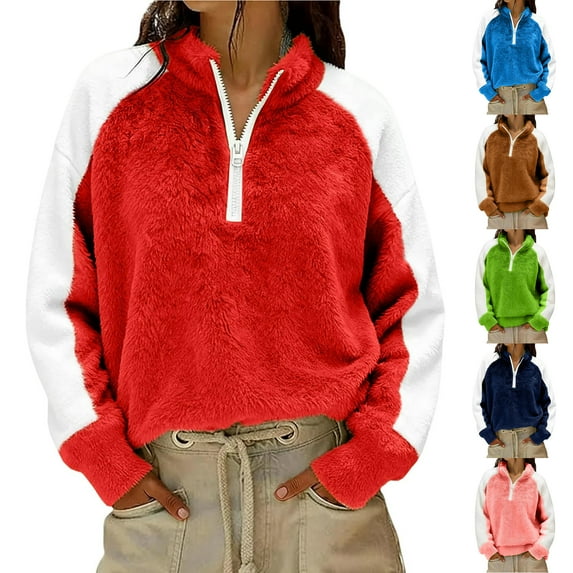 Otntypg Womens Half Zip Sherpa Fleece Pullover Soft Oversized Long Sleeve Color Block Mock Neck Sweatshirt with Pockets Warm Fuzzy Sweater Tops Red XXL