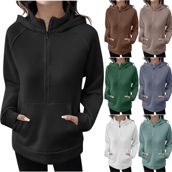 Otntypg Womens Hoodies Fleece Fall Fashion Outfits Workout Sweatshirts Y2k Winter Half Zip Up Hooded Outwear Jackets Oversized Pullover Tops Clothes 2025 with Pockets Green M