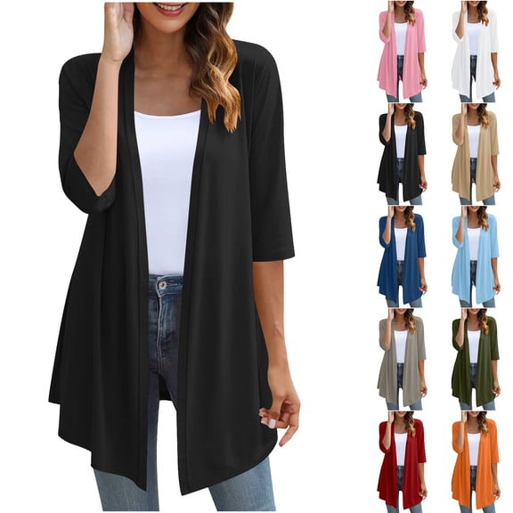 Otntypg Womens Lightweight Open Front Cardigan Casual Loose Knit 3/4 Sleeves Fall Outwear Fashion Outfit Clothes 2025 White XL