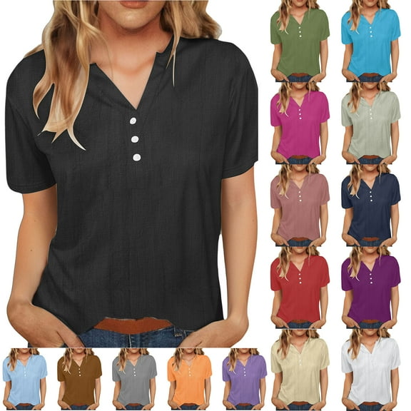 Otntypg Womens Linen 1/4 Button Down Shirts Short Sleeve V Neck Cotton Tshirts Lightweight Plain Blouses Casual Loose Oversized Tunic Tops Black L