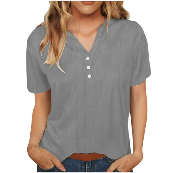 Otntypg Womens Linen 1/4 Button Down Shirts Short Sleeve V Neck Cotton Tshirts Lightweight Plain Blouses Casual Loose Oversized Tunic Tops Gray XXL