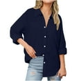 thumbnail image 1 of Otntypg Womens Linen Button Down Shirt Plus Size Cotton V Neck Work Office Blouse Dressy Casual Long Sleeve Collared Gauze Tops with Pocket Navy M, 1 of 10