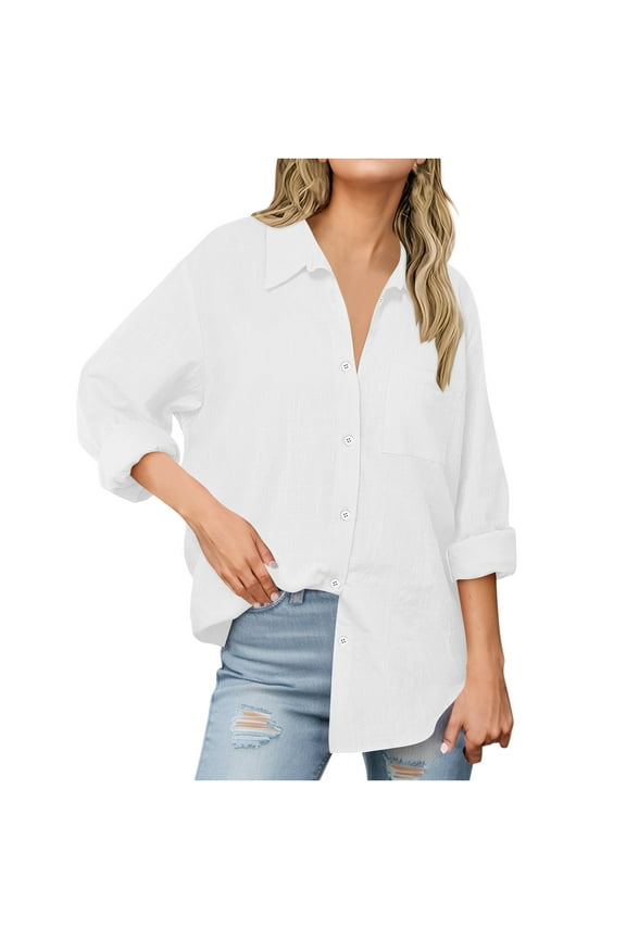 Womens Linen Button Down Shirt Plus Size Cotton V Neck Work Office Blouse Dressy Casual Long Sleeve Collared Gauze Tops with Pocket White XL