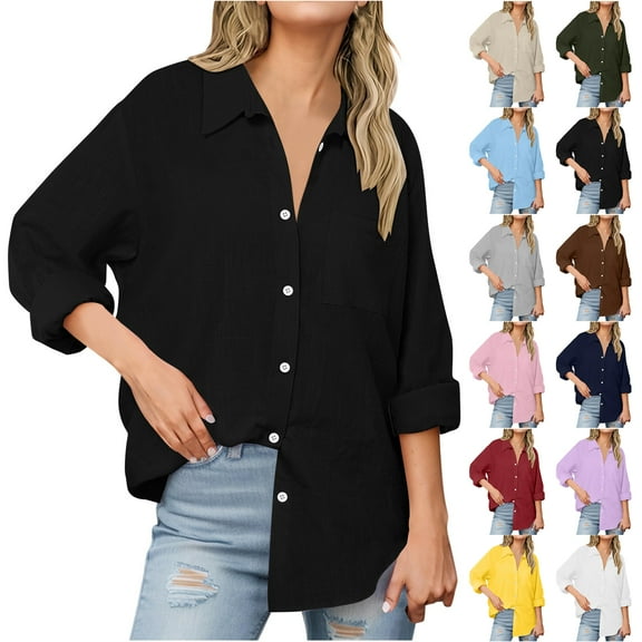 Otntypg Womens Linen Button Down Shirt Plus Size Cotton V Neck Work Office Blouse Dressy Casual Long Sleeve Collared Gauze Tops with Pocket Army Green XXL