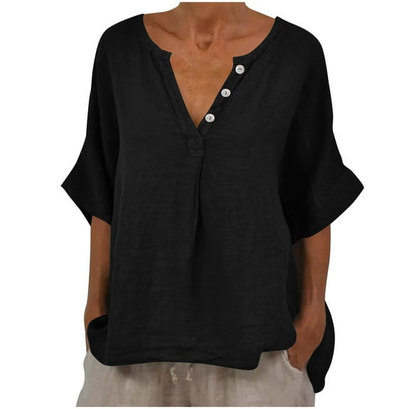 Otntypg Womens Linen Button Down Shirts Lightweight Casual V Neck Half Sleeve Beach Vacation Tees Tops Spring Summer Fashion Loose Work Business Blouses Shirts Black XL