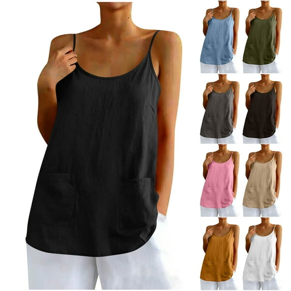 Otntypg Womens Linen Tank Tops Summer Casual Sleeveless Round Neck Camisole Vest Loose Fit Spaghetti Strap Cami Shirts with Pockets Gray L