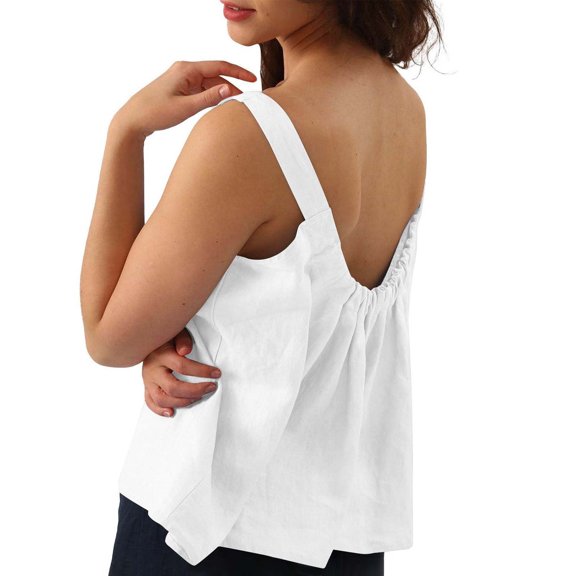 Otntypg Womens Linen Tank Tops Summer Cute Sleeveless Square Neck Loose Fit Shirts Trendy Oversized Soft Cotton Tunic Blouses White S