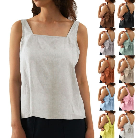 Otntypg Womens Linen Tank Tops Summer Cute Sleeveless Square Neck Loose Fit Shirts Trendy Oversized Soft Cotton Tunic Blouses White XXL