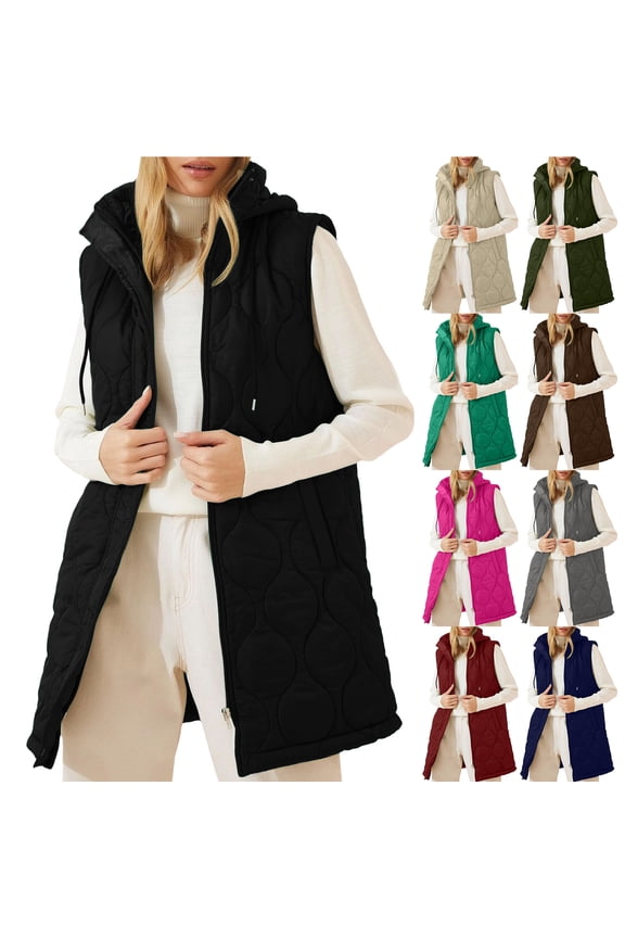 Womens Long Puffer Vest Trendy Sleeveless Drawstring Hooded Puffer Down Jacket Lightweight Quilted Jackets Winter Warm Zip Up Coat Outerwear with Pockets Brown XXL