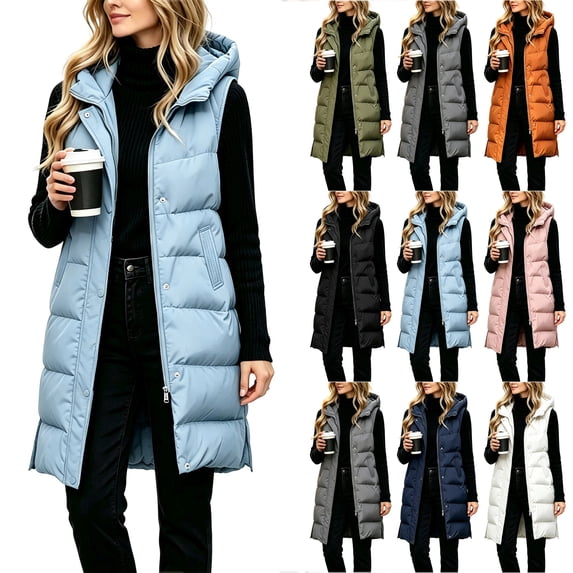 Otntypg Womens Long Puffer Vest Winter Quilted Trench Coats with Hood Lightweight Casual Snap Button Down Full Zip Up Vests Trendy Cozy Padded Sleeveless Outerwear Jacket with Pockets