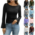thumbnail image 1 of Otntypg Womens Long Sleeve Bell Sleeve Tops Cotton Boat Neck Ruched Cropped Tops Trendy Going Out Top Slim Fitted Basic T-Shirts Blue S, 1 of 8
