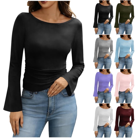 Otntypg Womens Long Sleeve Bell Sleeve Tops Cotton Boat Neck Ruched Cropped Tops Trendy Going Out Top Slim Fitted Basic T-Shirts Pink XXL