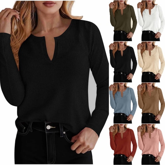 Otntypg Womens Long Sleeve Ribbed Knit Shirts Trendy Fall Slim Fit V Neck Solid Color Tunic Tees Dressy Casual Soft Comfortable Blouses Khaki L