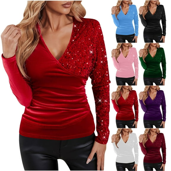 Otntypg Womens Long Sleeve V Neck Shirt Sequin Ruched Wrap Top Slim Fit Elegant Casual Patchwork Office Party Daily Wear Tunic Blouse Blue M