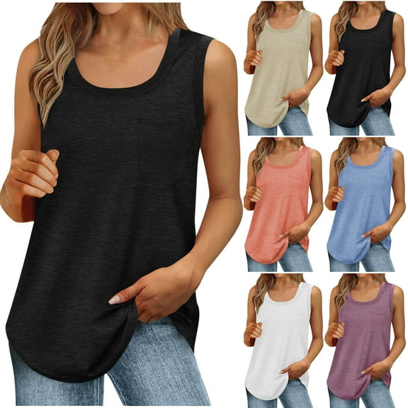 Otntypg Womens Loose Fit Casual Flowy Tank Tops Scoop Neck Trendy Sleeveless Summer Tunic Blouse Fashion Outfits Clothes 2025 Black L