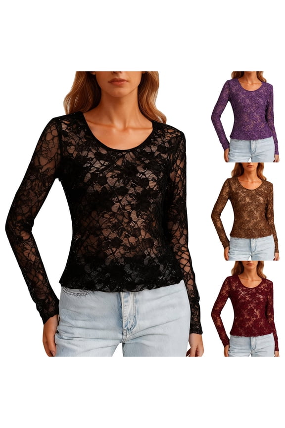 Womens Mesh Long Sleeve Tops Lace Hollow out Crew Neck Sexy See Through Tee Shirts Party Club Night Lace Blouse Red XXL