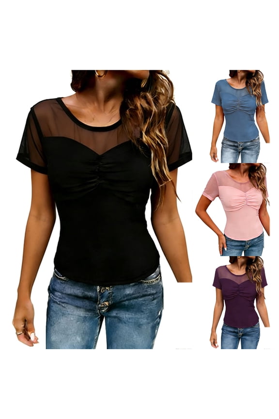 Womens Mesh See Through Patchwork Short Sleeve Tops Lace Splicing Undershirt Trendy Summer Crew Neck Front Ruched Pleated Going Out Base Layer Sheer Blouses Purple XXL