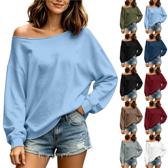 Otntypg Womens Off the Shoulder Tops Lightweight Oversized Pullover Sweatshirts Trendy Fall Long Sleeve Y2k Loose Fit Cozy Tunic Shirts