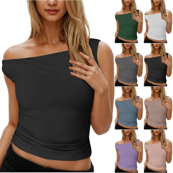 Otntypg Womens Off the Shoulder Tops Summer Cropped Shirts Going Out Crop Tank Top Plus Size Y2K Fashion Workout Outfits Army Green L