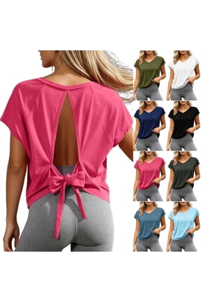 Womens Open Back Workout Crop Tops Trendy V Neck Summer Short Sleeve Athletic Shirts Dressy Bowknot Tie Back Oversized Gym Running Yoga Tees