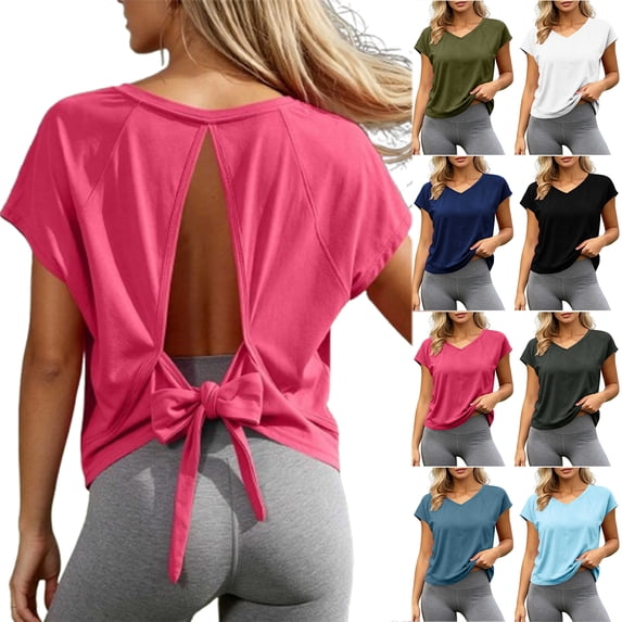 Otntypg Womens Open Back Workout Crop Tops Trendy V Neck Summer Short Sleeve Athletic Shirts Dressy Bowknot Tie Back Oversized Gym Running Yoga Tees