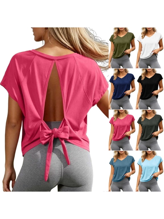 Womens Open Back Workout Crop Tops Trendy V Neck Summer Short Sleeve Athletic Shirts Dressy Bowknot Tie Back Oversized Gym Running Yoga Tees