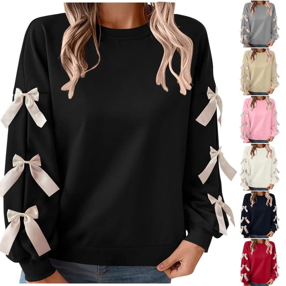 Otntypg Womens Oversized Cute Bow Sweatshirts Trendy Long Sleeve Crew Neck Preppy Pullover Tops Long Sleeve Valentines Day Holiday Outfit Clothes Navy XL
