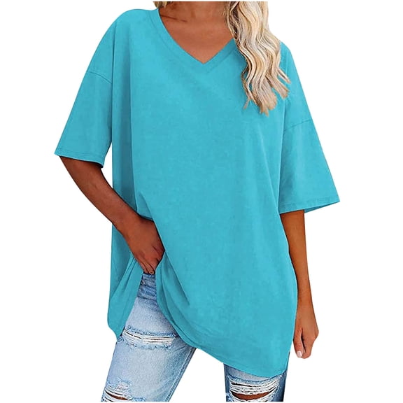 Otntypg Womens Oversized Tshirts Trendy Solid Color Summer V Neck Tee Shirts Half Sleeve Loose Fit T Shirt Cotton Tunic Tops Sky Blue L