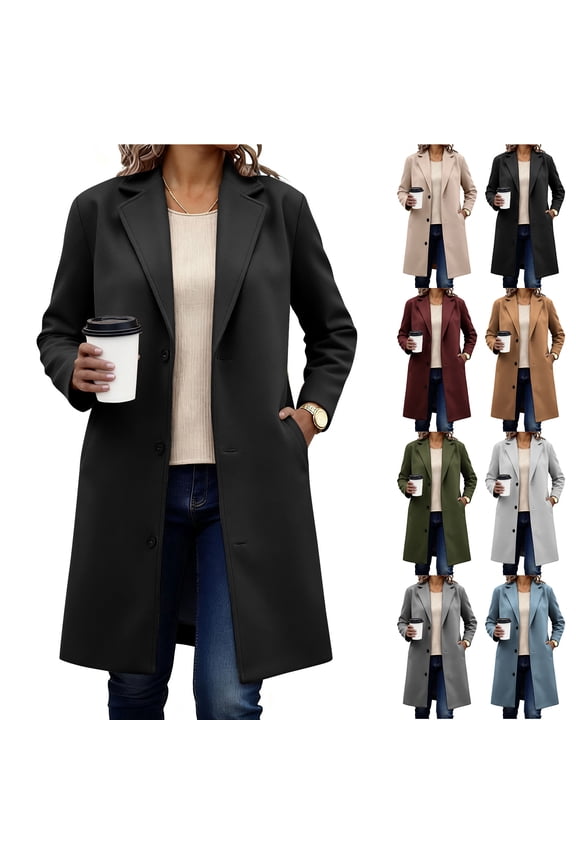 Womens Peacoat Notched Lapel Collar Single-Breasted Trench Coats Loose Casual Thicken Wool Long Work Business Jacket 2025 Fall Winter Outerwear with Pockets Black XXL
