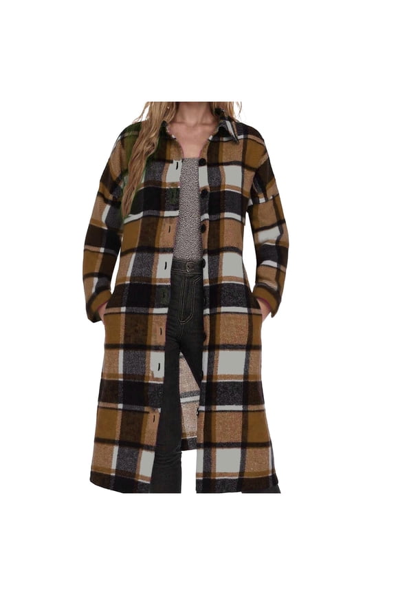 Womens Plaid Shacket Jacket Long Corduroy Shirt Casual Lapel Button Down Long Sleeve Flannel Trench Coats with Pockets Brown XXL