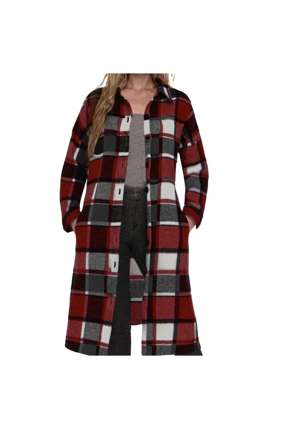 Womens Plaid Shacket Jacket Long Corduroy Shirt Casual Lapel Button Down Long Sleeve Flannel Trench Coats with Pockets Wine L