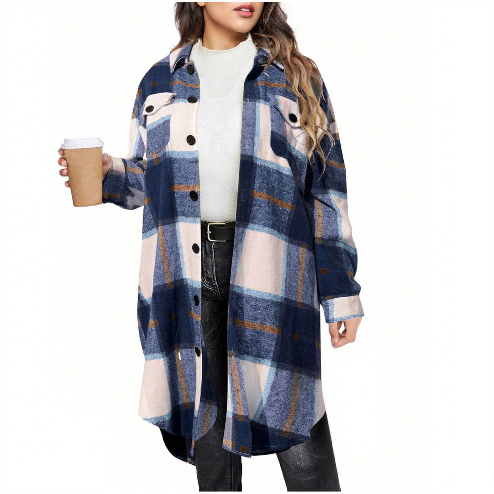 Otntypg Womens Plus Size Flannel Plaid Shacket Jackets Trendy Long ...