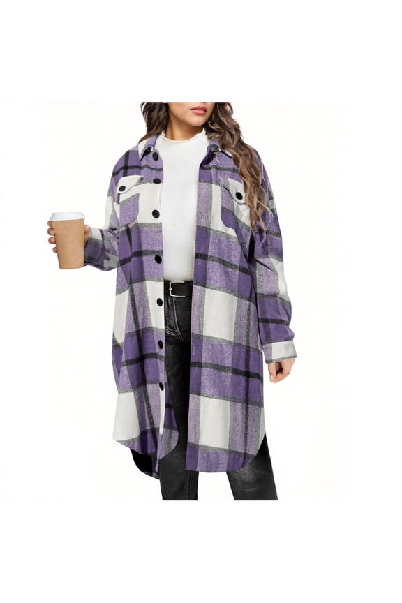 Womens Plus Size Flannel Plaid Shacket Jackets Trendy Long Sleeve Lounge Outwear Shirts Lapel Collared Boyfriend Button Down Long Jacket Coats with Pockets Purple M