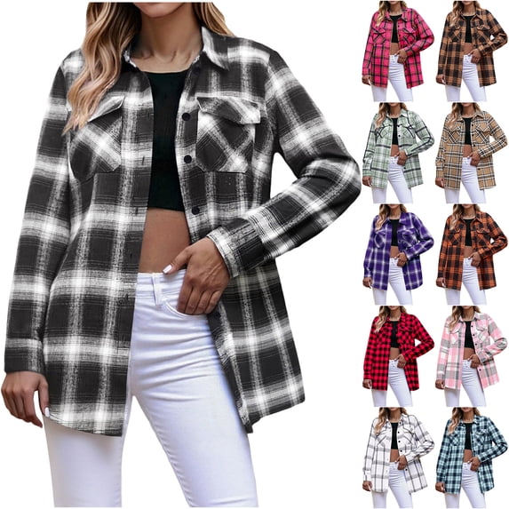 Otntypg Womens Plus Size Flannel Plaid Shirts Roll Up Long Sleeve Casual Collared Button Down Shacket Jacket Shirt Loose Blouse Top with Pockets Khaki M