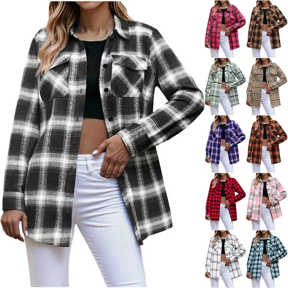 Otntypg Womens Plus Size Flannel Plaid Shirts Roll Up Long Sleeve Casual Collared Button Down Shacket Jacket Shirt Loose Blouse Top with Pockets White S