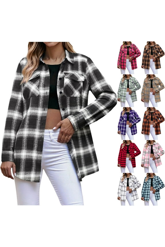Womens Plus Size Flannel Plaid Shirts Roll Up Long Sleeve Casual Collared Button Down Shacket Jacket Shirt Loose Blouse Top with Pockets White XXL