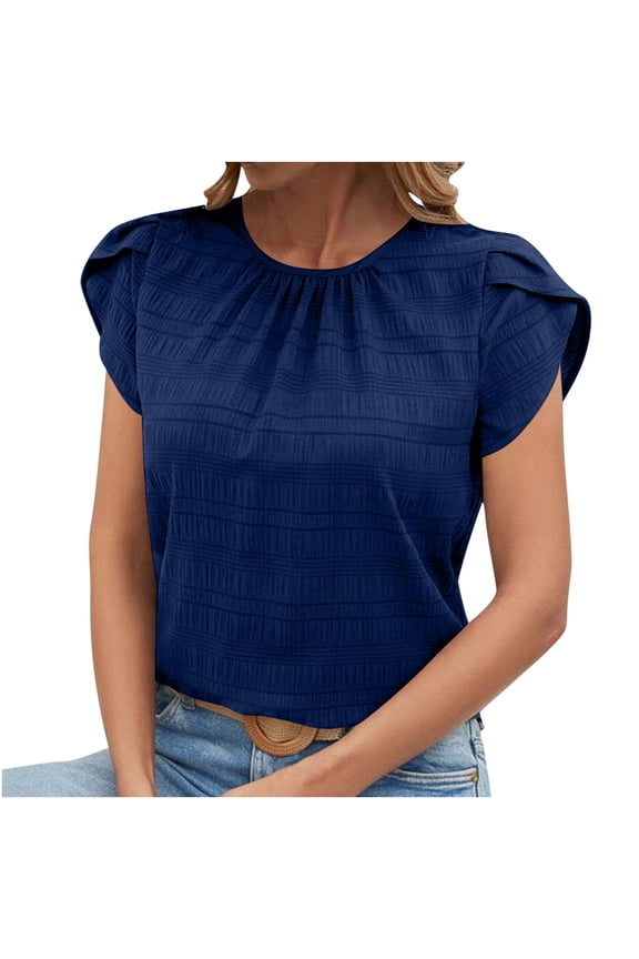 Womens Plus Size Textured Tops Summer Petal Short Sleeve Casual T Shirts Loose Fit Ruched Crewneck Baggy Tee Blouse Shirts Navy S