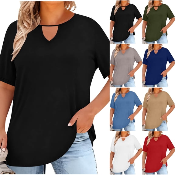 Otntypg Womens Plus Size Tops Cute Summer Short Sleeve Shirts Oversized Solid Color Crewneck Dressy Casual Blouses Trendy Keyhole Tunic Shirts Blue XXXXL