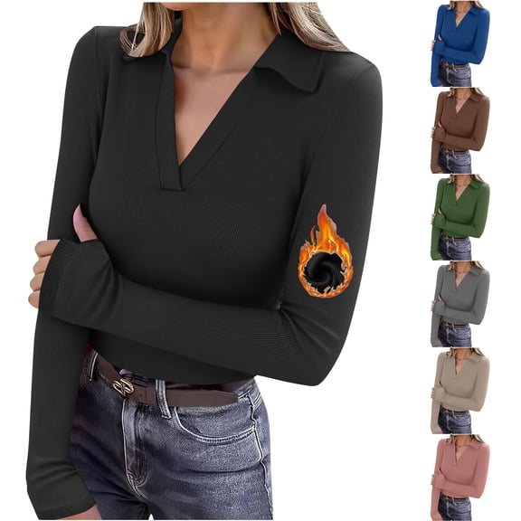 Otntypg Womens Pullover Sweaters Y2K Going Out Thermal Tops Deep V Neck Lapel Collar Shirt Thumb Holes Ribbed Long Sleeve Underwear Tops Green XL