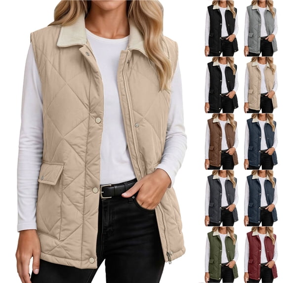 Otntypg Womens Quilted Collared Puffer Vest with Pockets Lightweight Casual Fall Winter Thick Warm Snap Button Down Full Zip up Outerwear Jackets