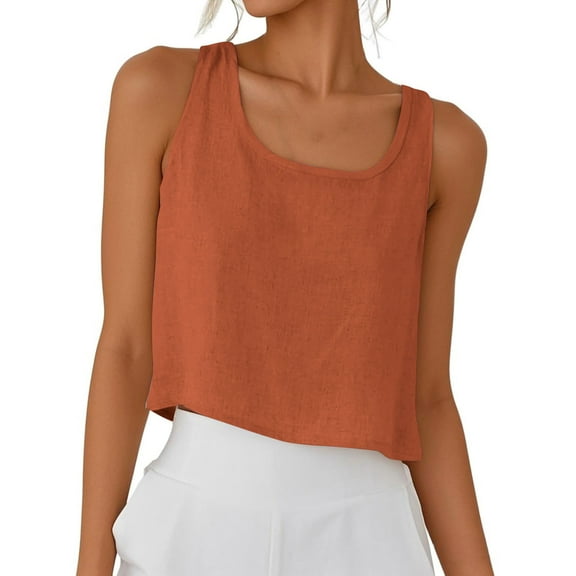 Otntypg Womens Scoop Neck Cotton Linen Tank Tops Loose Lightweight Casual Solid Color Cami Sleeveless Blouses Summer Basic Tank Shirt Orange L
