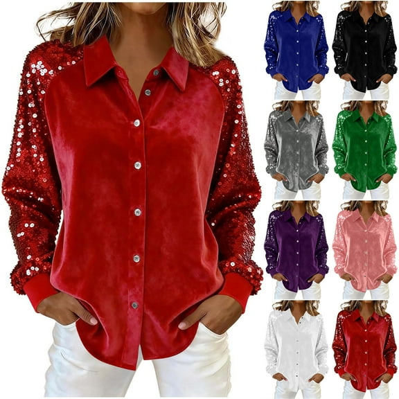 Otntypg Womens Sequin Patchwork Shirts Button Down Long Sleeve V Neck Collared Blouses Shinny Sparkle Dressy Casual Blouses Club Party Tee Tops Green XL
