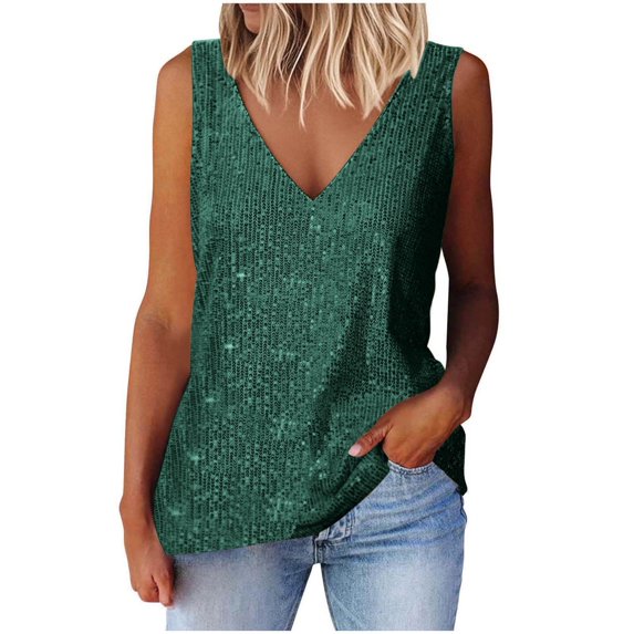 Otntypg Womens Sequin Tank Tops Sparkle Glitter Shirts Sexy V Neck Party Shimmer Camisole Sleeveless Going Out Vest Fashion Blouses Army Green XL