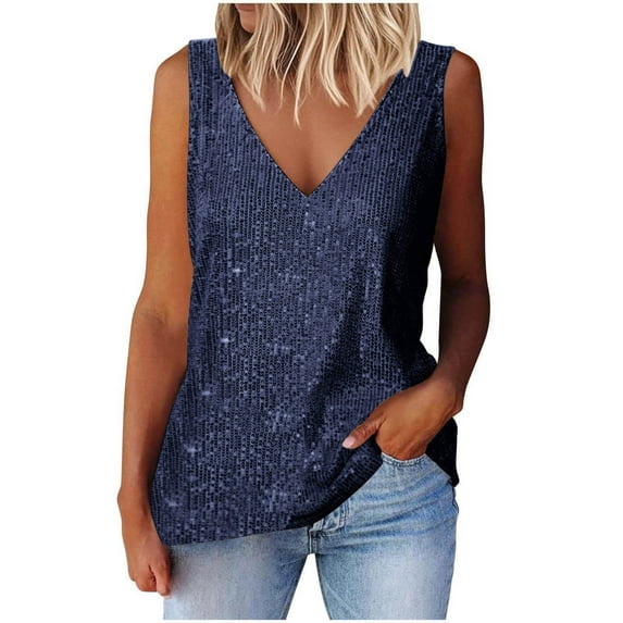 Otntypg Womens Sequin Tank Tops Sparkle Glitter Shirts Sexy V Neck Party Shimmer Camisole Sleeveless Going Out Vest Fashion Blouses Navy L