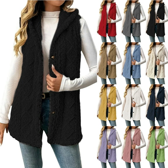 Otntypg Womens Sherpa Vest with Hood Fall Winter Plus Size Fuzzy Thick Warm Button up Sleeveless Open Front Cardigan Outwear Coat Loose Oversized Baggy Jackets Pink L