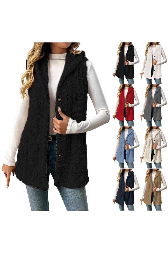 Womens Sherpa Vest with Hood - Plus Size 2025 Winter Fleece Button Up Long Vest Jackets Plush Thick Warm Lightweight Fall Outerwear Red XXXXXL