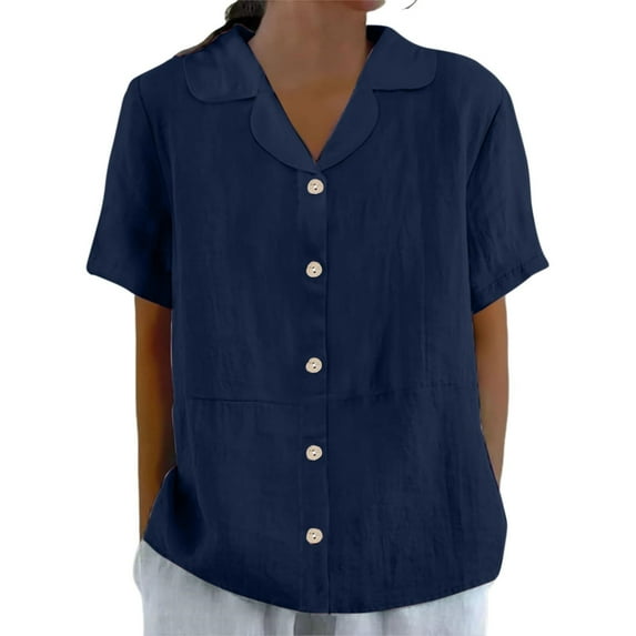 Otntypg Womens Short Sleeve T-Shirts Casual Button Down V Neck Collared Office Work Blouse Loose Lightweight Dressy Tops Navy XXL