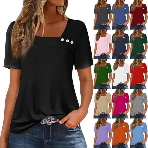 Otntypg Womens Short Sleeve Tunic Tops Casual Asymmetrical V Neck Cute Summer Shirts Button Loose Fit Business Dressy Elegant Blouses Army Green L